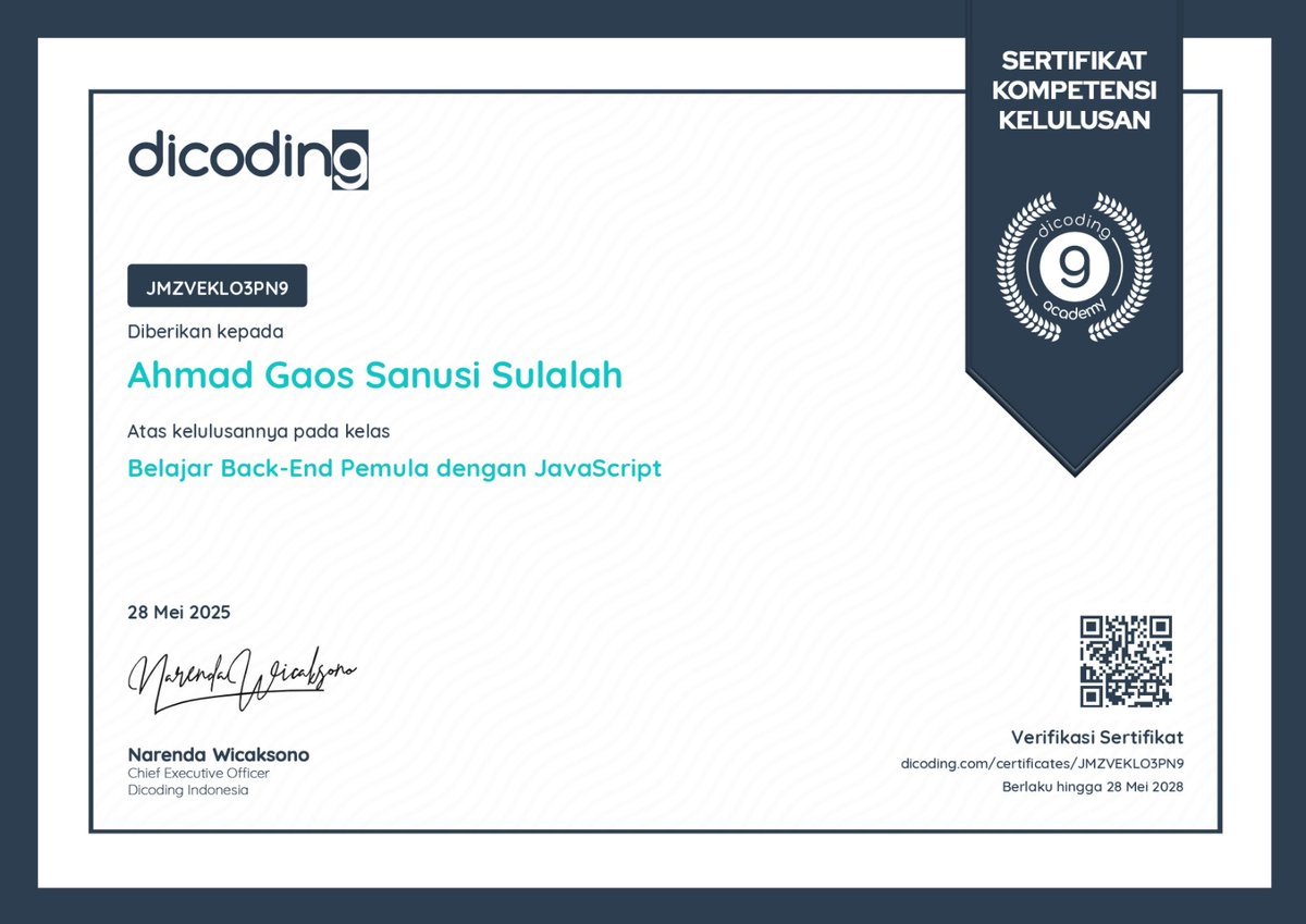 oscode04's tweet image. Proud to finish the Beginner Back-End Development with JavaScript course!
Understanding server, API, and asynchronous logic opened up a whole new side of web development for me.
Backend world, here I come!
@dicoding
#LifeAtCodingCamp #learnatdicoding #DBSFoundationID #Dicoding