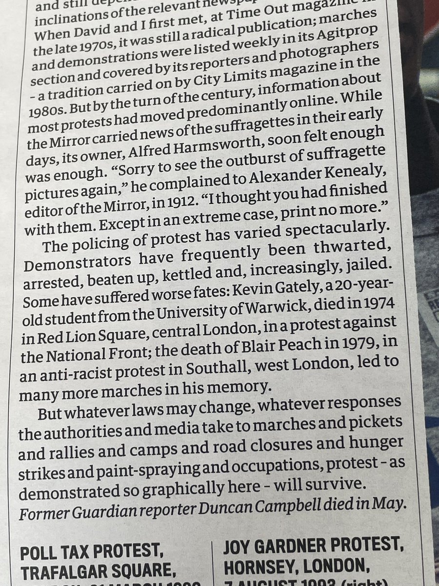 On the day police arrest people for protesting, a timely feature of David Hoffman’s photography of protests is featured in the Guardian’s Saturday magazine, with intro by the late lovely Duncan Campbell. Final paragraph so apt: