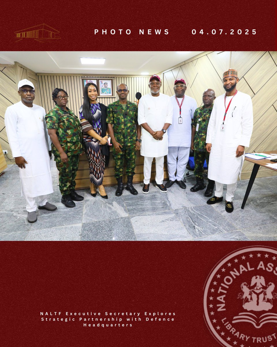 National Assembly Library Trust Fund (@naltf_ng) on Twitter photo July 4, 2025 | Executive Secretary of the National Assembly Library Trust Fund (NALTF), Rt. Hon. <a href="/NwawubaRt/">Rt. Hon. Henry Nwawuba</a> led a delegation on a courtesy visit to the <a href="/DHQNigeria/">DEFENCE HQ NIGERIA</a> The team was received by the Chief of Defence Administration, Rear Admiral J.D. Akpan, on behalf of the Chief of July 4, 2025 | Executive Secretary of the National Assembly Library Trust Fund (NALTF), Rt. Hon. <a href="/NwawubaRt/">Rt. Hon. Henry Nwawuba</a> led a delegation on a courtesy visit to the <a href="/DHQNigeria/">DEFENCE HQ NIGERIA</a> The team was received by the Chief of Defence Administration, Rear Admiral J.D. Akpan, on behalf of the Chief of