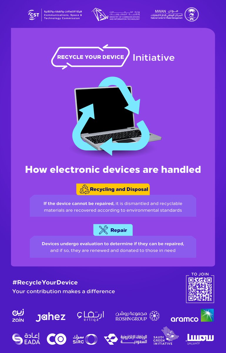 Donated your electronic devices? 
Discover how they're processed in the #RecycleYourDevice initiative 

Be part of the initiative… and let your devices serve a greater purpose:
cst.gov.sa/en/recycle