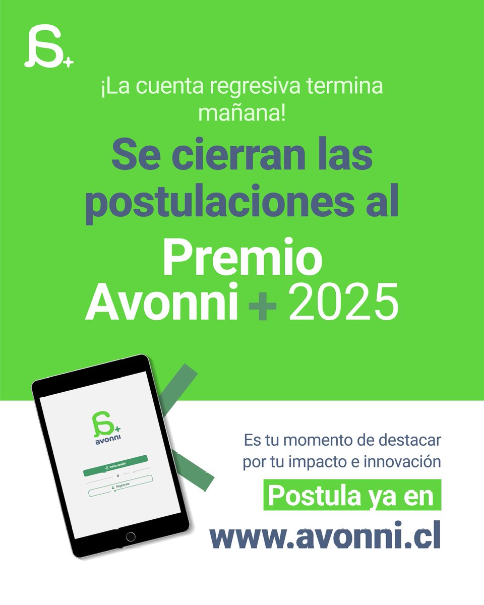 🚨 ¡Últimas horas! Mañana cierran las postulaciones al Premio Avonni 2025.
Si estás transformando el presente con soluciones que impactan positivamente el futuro, este es tu momento.
Postula en una de las 12 categorías disponibles.

📲 Postula ya en 👉 avonni.cl
