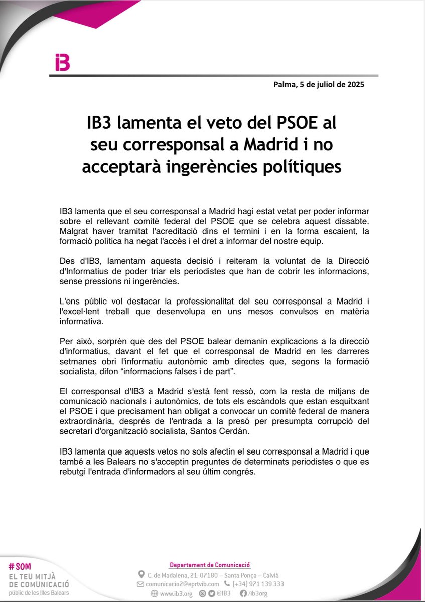 jsibalears's tweet photo. Confirmam que IB3 està segrestada pel PP.

Quina vergonya de comunicat partidista que ha fet la direcció de l’ens.

El final donant el suport a okdiario és 🫠 https://t.co/G15Lp3SYqp