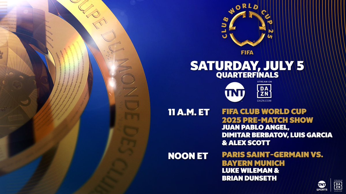 TNTSportsPR's tweet image. A doubleheader of @FIFACWC coverage today starts with the pre-match show at 11 am ET. 

⚽️ Paris Saint-Germain vs. Bayern Munich at noon

⚽️ Real Madrid vs. Borussia Dortmund at 4 pm
