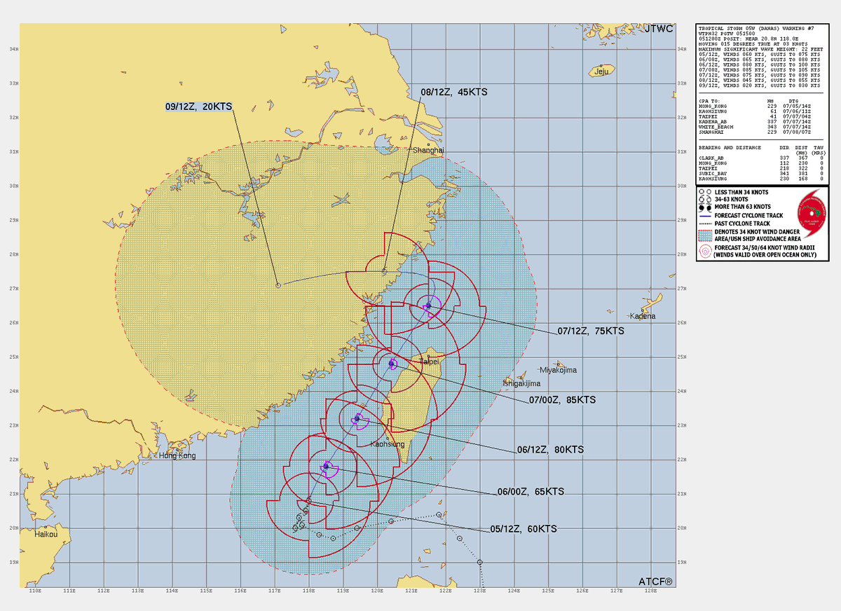 HurricaneWatch8's tweet photo. Tropical Storm #Danas is strengthening in the South China Sea, currently with winds of 60 kts (~70 mph). It's forecast to intensify into a typhoon as it tracks north toward the Taiwan Strait, posing a significant threat to both Taiwan and eastern China early next week. #Typhoon https://t.co/3RLQh29ZJt