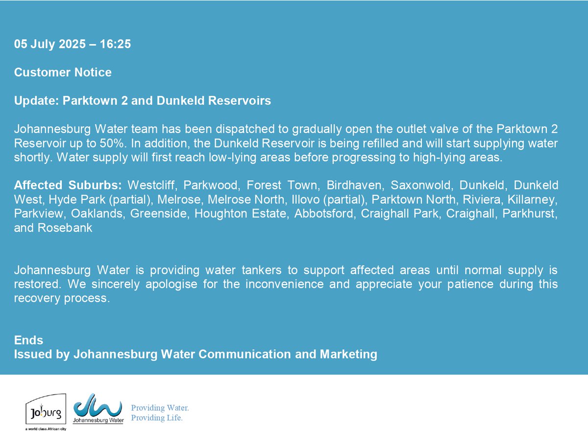 #JoburgUpdates 
Parktown 2 and Dunkeld Reservoir Update. ^PR