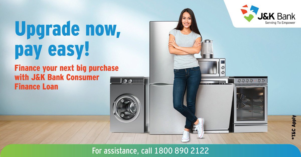 Need a new TV, fridge, or washing machine? With J&amp;K Bank Consumer Finance, you don’t have to wait.

✔️ Loans up to ₹1.5 Lakhs
✔️ Low interest, fixed EMIs
✔️ No collateral up to ₹40K
✔️ No prepayment penalty

To Know more, click here - jkbank.com/consumer-loan

#JKBank