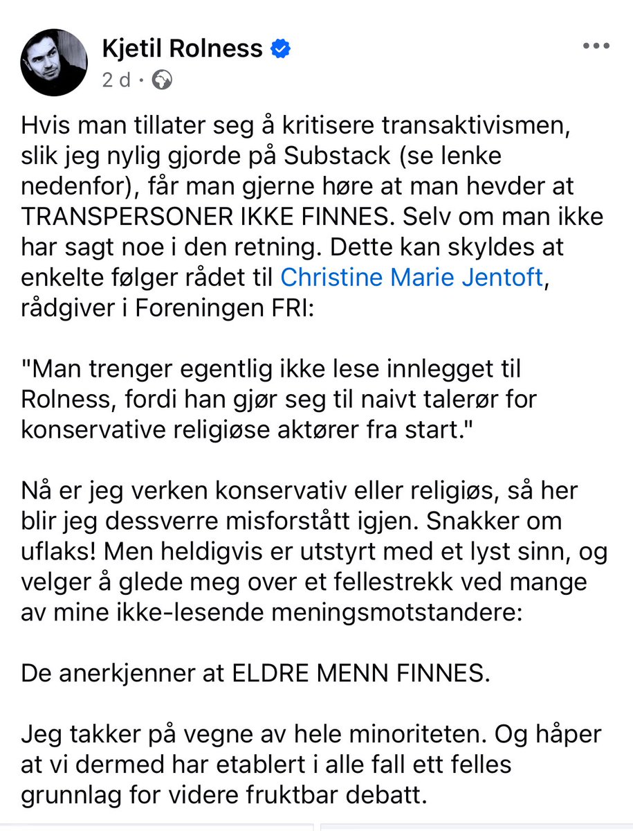 Toppen av ironi når hvite, middelaldrende gubber som Jentoft og co, beskylder andre for å være hvite gubber :)

Transaktivisme er noe for seg selv