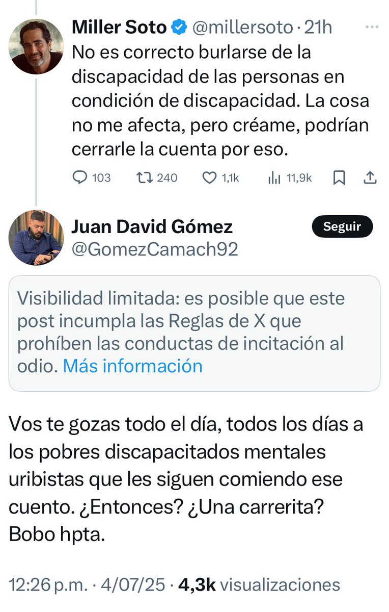 Miller Soto (@millersoto) on Twitter photo No sé cuáles, pero X tomó medidas con <a href="/GomezCamach92/">Juan David Gómez</a> por considerar que incumplió las reglas. Tiene horas sin postear sus estupideces.
Quizá no se la cierren del todo (aun), pero con esta sanción queda advertido.
Algunos patulecos podemos patear😎 No sé cuáles, pero X tomó medidas con <a href="/GomezCamach92/">Juan David Gómez</a> por considerar que incumplió las reglas. Tiene horas sin postear sus estupideces.
Quizá no se la cierren del todo (aun), pero con esta sanción queda advertido.
Algunos patulecos podemos patear😎