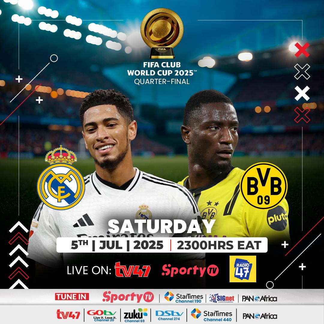 tv47ke (@tv47newske) on Twitter photo #FIFAClubWorldCup2025 | Quarter-Final Showdown! It’s Real Madrid vs Borussia Dortmund — the stakes are sky-high and the stars are ready! Watch it LIVE on #TV47, #SportyTV and #Radio47 on Saturday, 5th July 2025, 11:00PM EAT. #ShabikiaGame with
<a href="/KWALANDA/">TONY KWALANDA</a>
and
<a href="/luckyherriano/">luckyherriano</a>
– #FIFAClubWorldCup2025 | Quarter-Final Showdown! It’s Real Madrid vs Borussia Dortmund — the stakes are sky-high and the stars are ready! Watch it LIVE on #TV47, #SportyTV and #Radio47 on Saturday, 5th July 2025, 11:00PM EAT. #ShabikiaGame with
<a href="/KWALANDA/">TONY KWALANDA</a>
and
<a href="/luckyherriano/">luckyherriano</a>
–