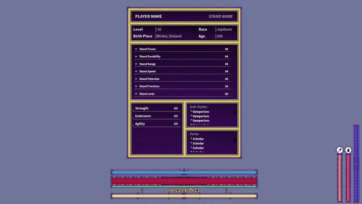devMeki's tweet image. Commission for a disclosed jojo game (1/2)
- player stats 
- side bars
- main hud

#ROBLOX #UI #ux #RobloxDev #RobloxDevs #GraphicDesigner