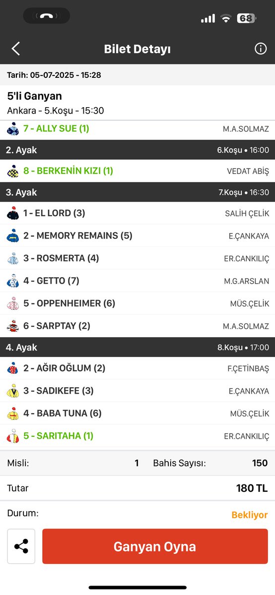 7 at koşuyor 6 at yazıyorum yazmadığım at kazanıyor sarıtaha %2 oynanmış ve  bende var :)