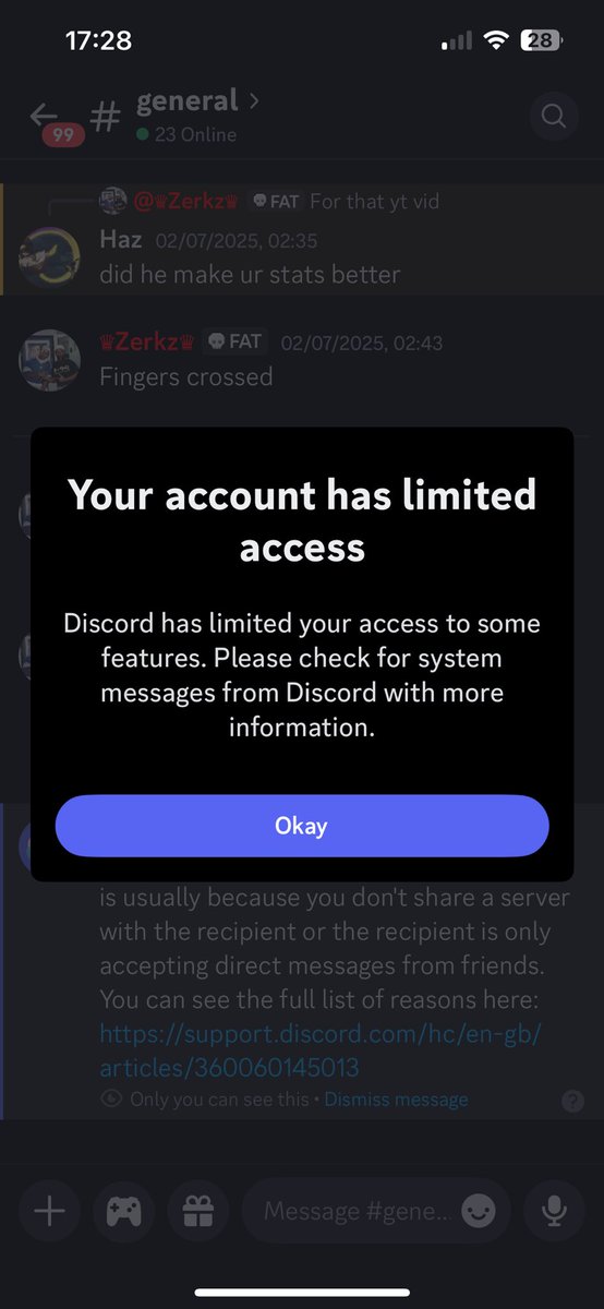 Zerkz101's tweet photo. Thanks @discord @discord_support i havent send a message except a friend yo and i go back on 3 hours later my account has been limited https://t.co/Dca4ZDmEqn