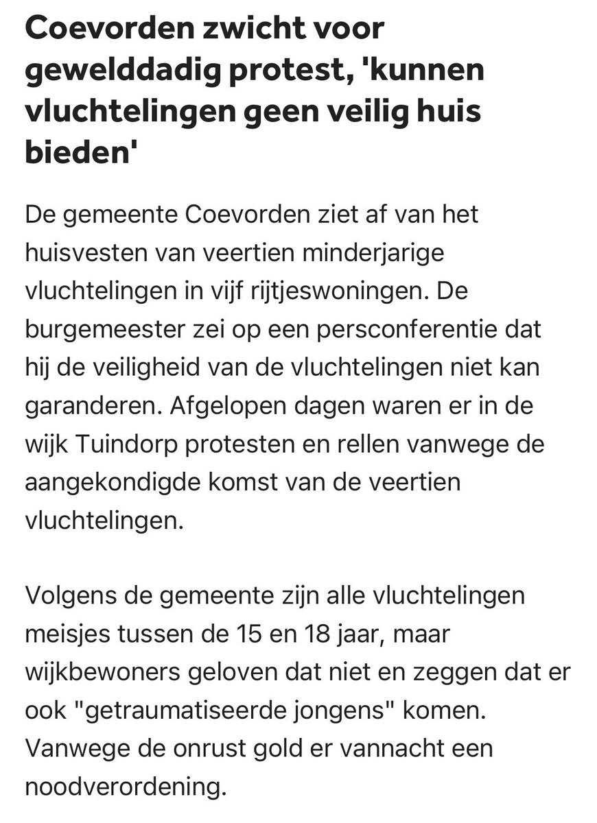 Een overheid die zwicht voor de terreur van de straat moet zich de ogen uit het hoofd schamen. De politieke partijen in Coevorden vinden potentieel stemmenverlies kennelijk belangrijker dat de opvang van 14 minderjarige meisjes. Schande.