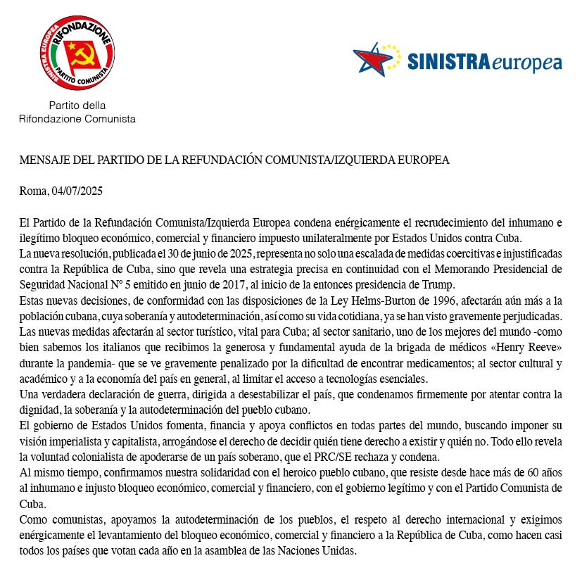 Rifondazione Comunista sempre a sostegno di Cuba contro l'inumano e ingiusto blocco economico, finanziario e commerciale imposto unilaterlamente dagli USA da più di 60 anni.

👇Leggi il comunicato 👇

facebook.com/share/p/15p5jy…