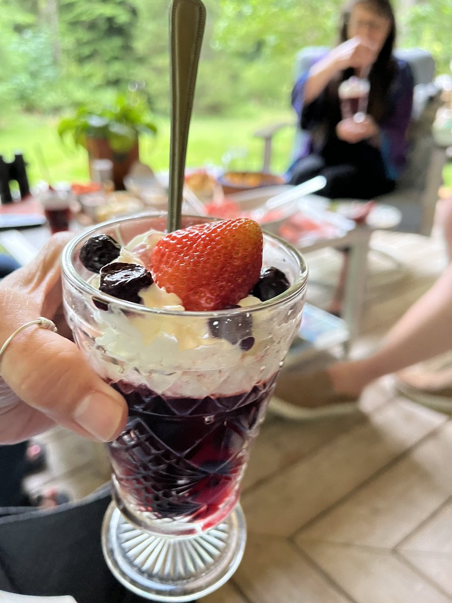 Had friends over for drinks &amp; nibbles on the porch last night so I made a charcuterie board and my fav summer salad watermelon, mint and feta.
One of them brought jello parfaits!
We talked until firework noise started and everyone went home to their animals.
Perfect