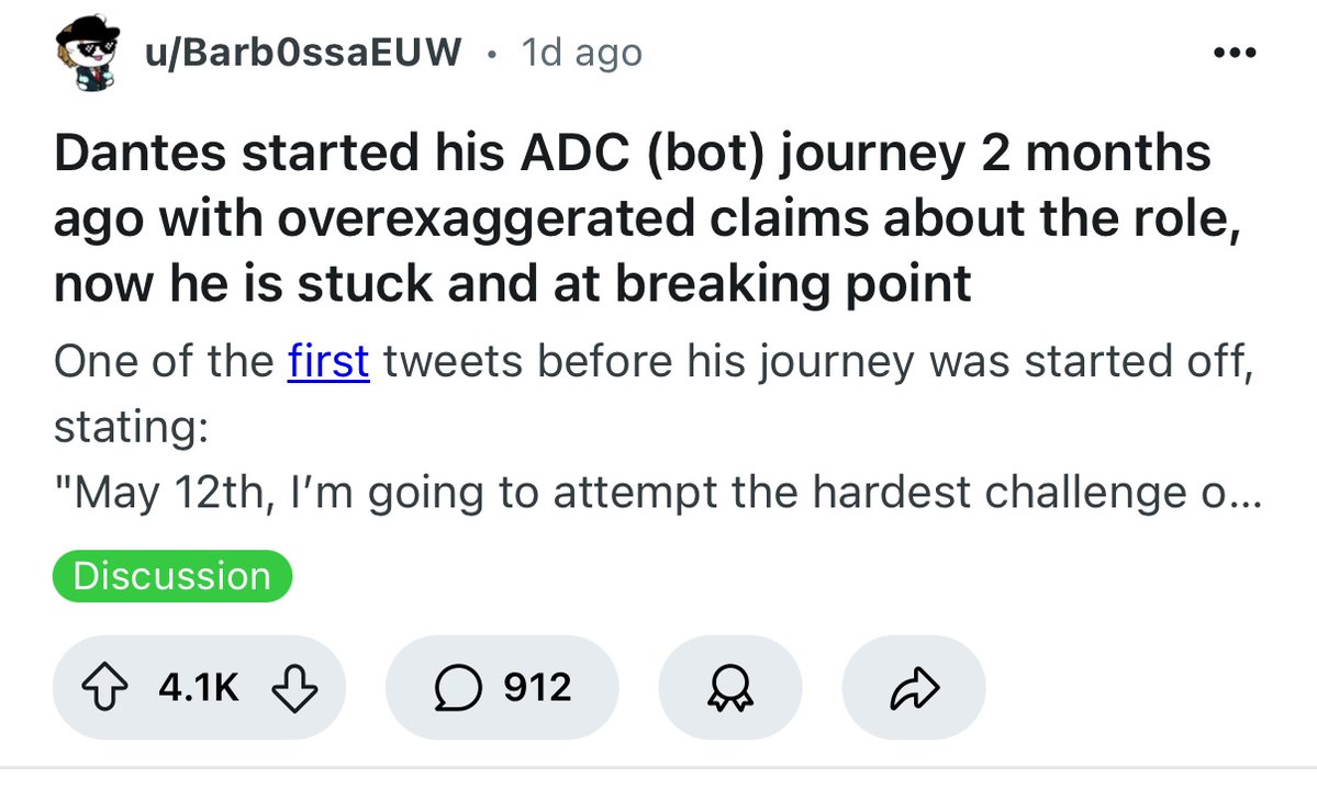 doaenel's tweet image. Yesterday a Reddit thread about me hit the top of r/leagueoflegends;
As a response, I’d just like to say…
Everything is true.
ADC sucks, I hated almost every moment of it, and I genuinely don’t understand how people can queue up for that role unless they’re mentally ill.