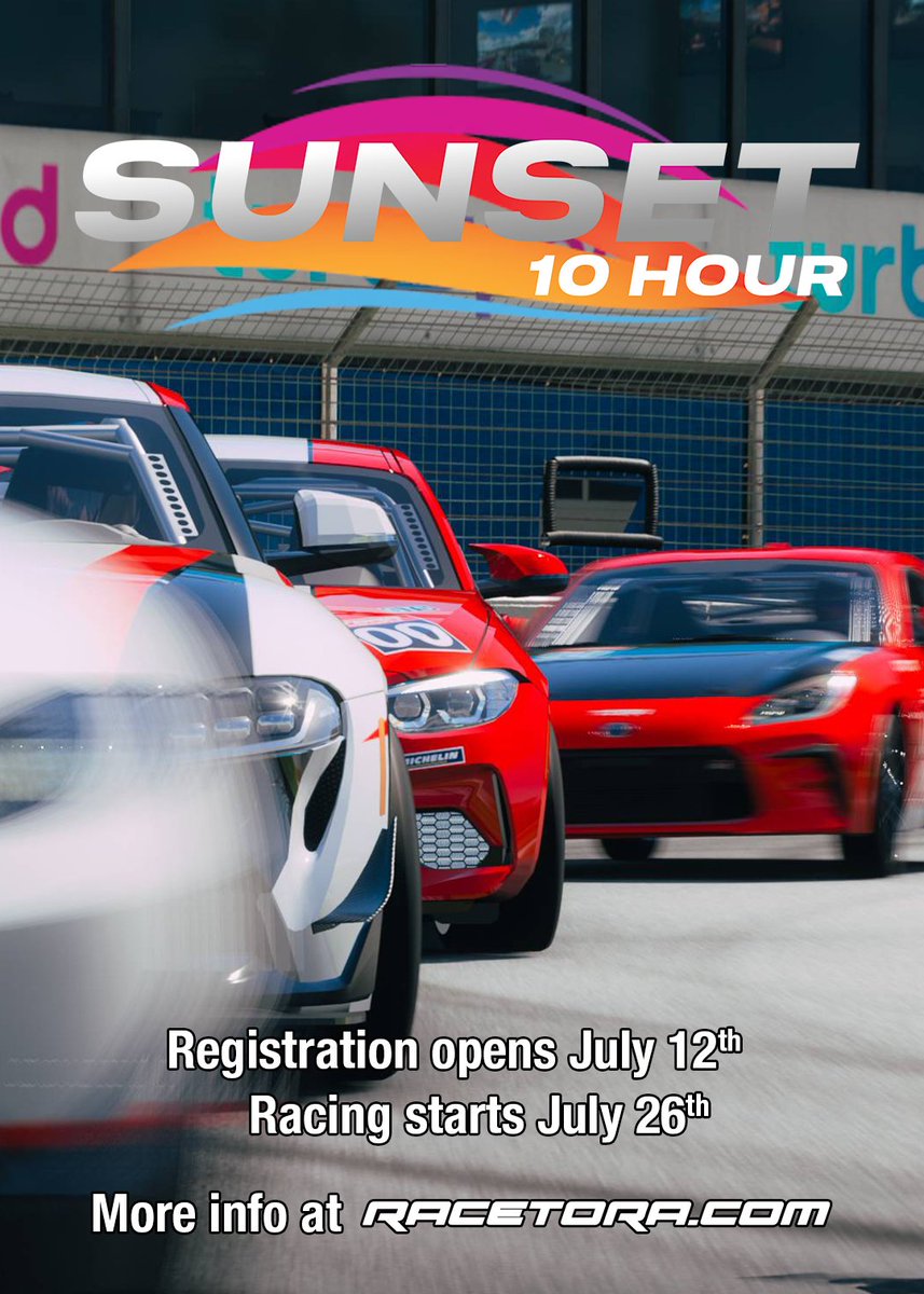 TheReal_TORA's tweet image. It's out! It's out! The Sunset 10 Hour is out! Our 7th special event of the year, we're taking a selection of GT4 and "GT5" cars to Forza's tallest banked circuit.
Registration: July 12th
Race: July 26th
racetora.com #WeAreTORA