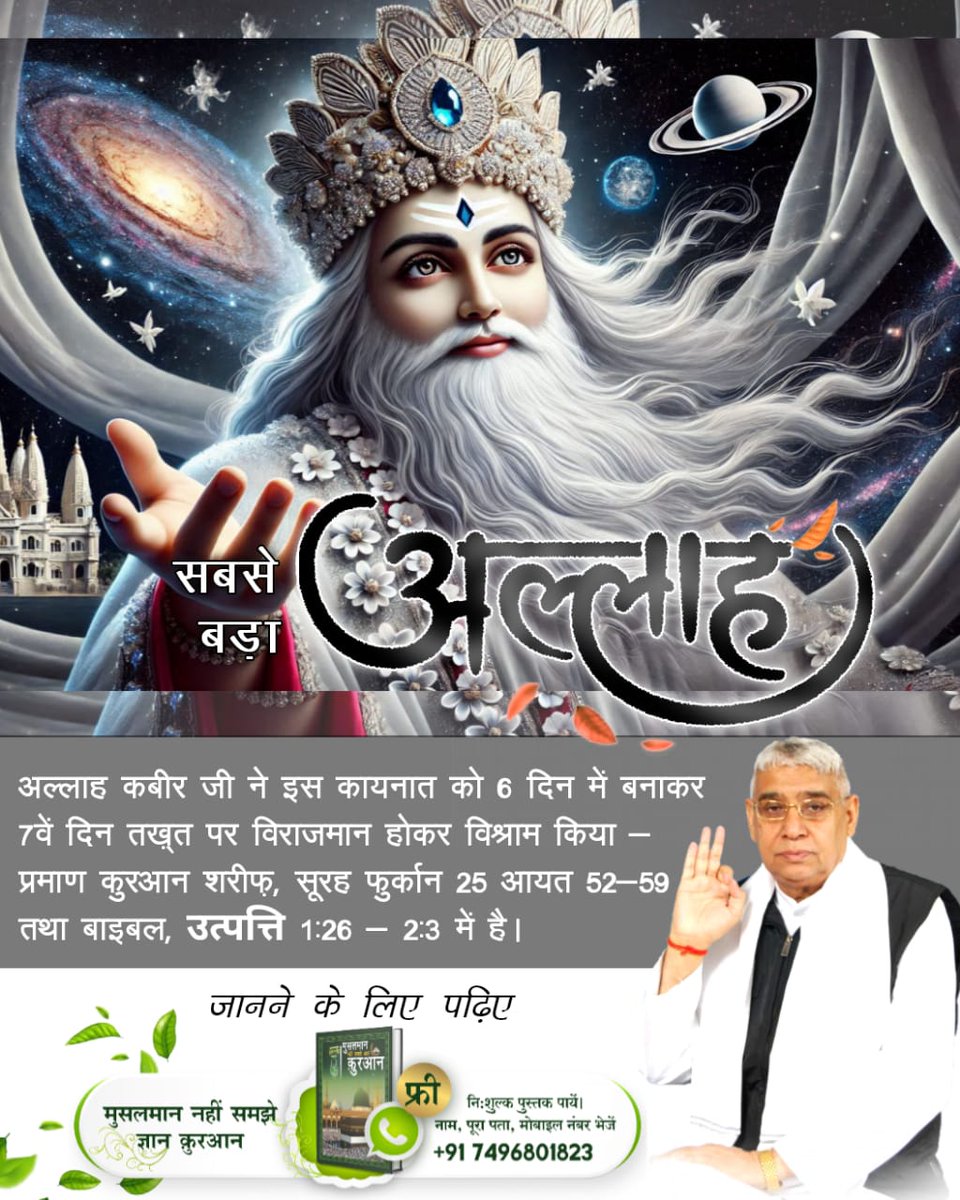 🔹क्या कुरान शरीफ़ का ज्ञानदाता समर्थ अल्लाह है।
पवित्र कुरान शरीफ़ के अनुशार वह #सबसे_बड़ा_अल्लाह ताला कबीर है जो क़ुरान ज्ञानदाता से भिन्न है।जिसने असमानो ओर जमीन के बीच जो कुछ भी है उसे छः दिन में पैदा किया। वही समर्थ अल्लाह है।

प्रमाण - कुरान शरीफ़ 25 की आयत नं 52-59