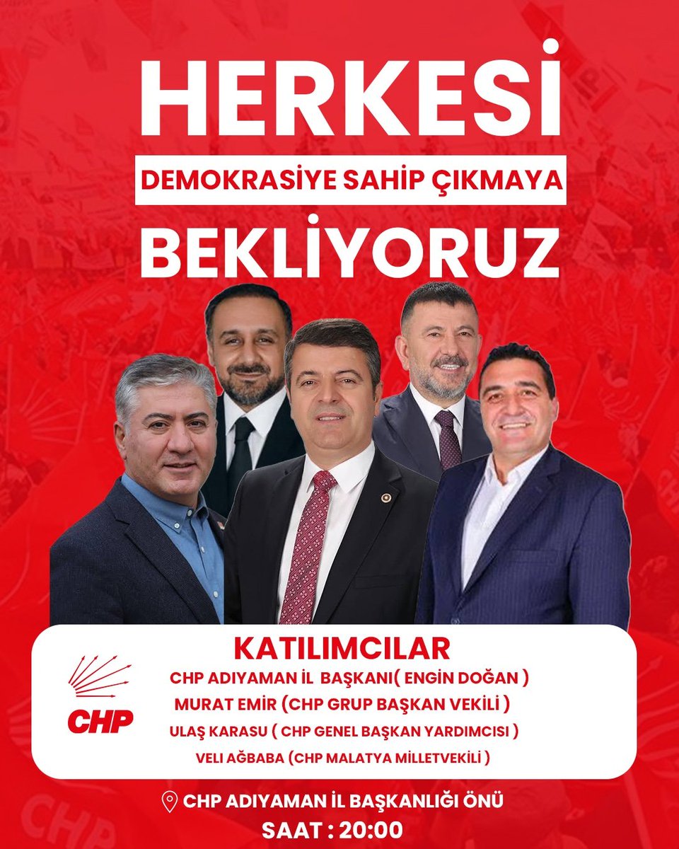 Bu akşam 20:00'da Adıyaman İl Başkanlığımızın önünde hukuksuluğa karşı buluşuyoruz.
<a href="/herkesicinCHP/">CHP 🇹🇷</a>
<a href="/eczozgurozel/">Özgür Özel</a> 
<a href="/veliagbaba/">Veli Ağbaba</a>
<a href="/muratemirchp/">Murat Emir</a>
<a href="/ulasskarasu/">Ulaş Karasu</a> 
<a href="/AdiyamanIlce/">CHP ADIYAMAN MERKEZ İLÇE BAŞKANLIĞI</a>