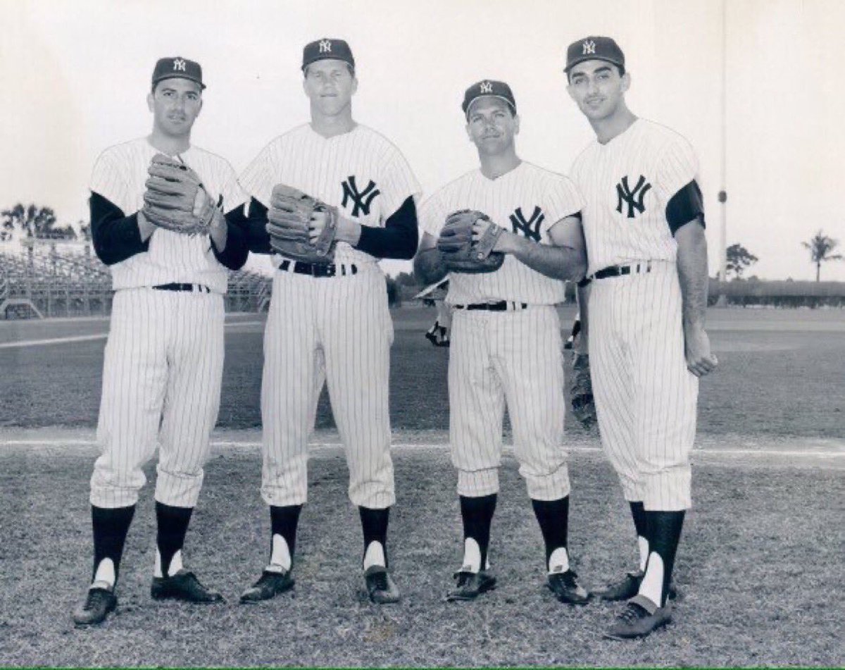 sigg20's tweet photo. “Old Days”The NY Yankee Infield for the 1963 Season,
Clete Boyer,Tony Kubek,Bobby Richardson and New Addition Joe Pepitone.#Yankees #MLB #NYC #NewYork #1960s https://t.co/OTWMLNMAOJ