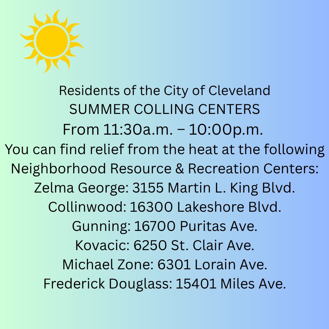 City of Cleveland Cooling Centers open extended hours this weekend - Saturday, July 5, 2025 &amp; Sunday, July 6, 2025.
