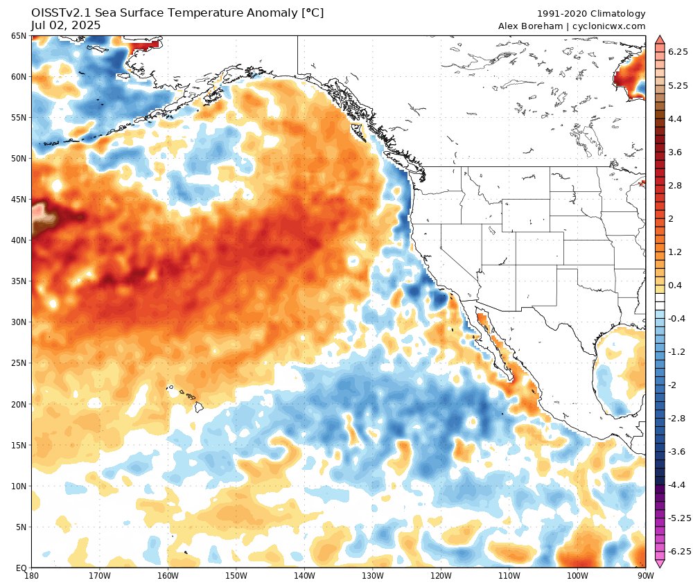 cyclonicwx's tweet image. #96E is a good example of how -PDO/PMM can directly reduce activity in the East Pacific. It has been active near Mexico, but long tracking storms are not favored. 96E will run into cool water in a few days, an issue that would suppress activity far less in a +PDO/PMM environment