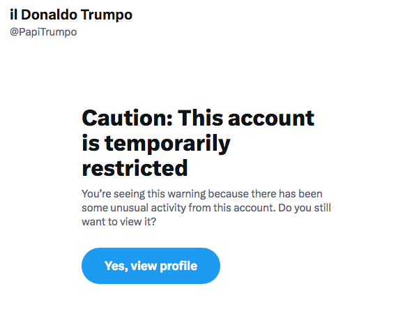 KarlTheRoid's tweet photo. @PapiTrumpo 
I get this notice when I go to your account: https://t.co/w7BD18YbDF