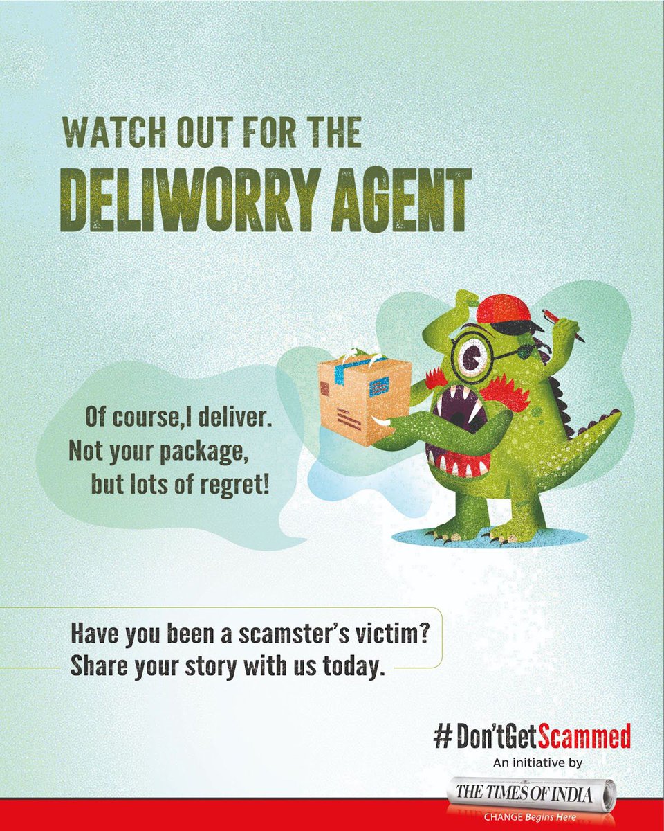 TOIPwrOfReading's tweet photo. A few genuine questions, your ID, bank statement, OTP, & a call from fake police claiming an investigation. Just like that, your money is gone.

This is how the Deliworry Agent strikes.

Share your story to protect others: https://t.co/BZ4VijhOQZ

#DontGetScammed #TOI #DeliveryScam