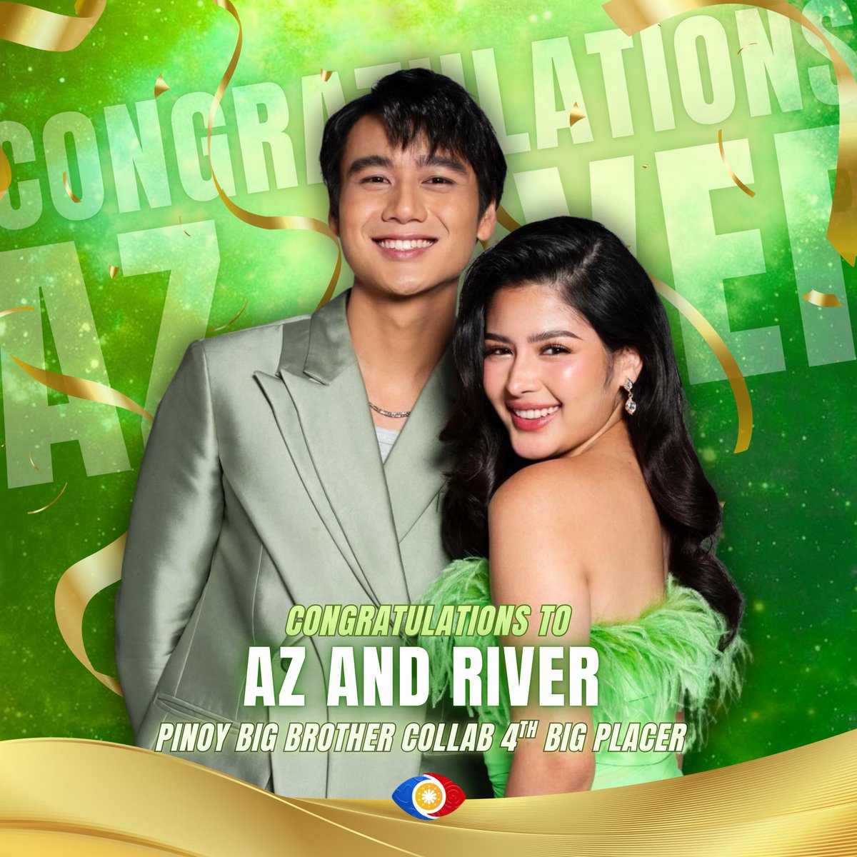 𝐀𝐙𝐕𝐄𝐑 𝐈𝐒 𝐎𝐔𝐑 𝟒𝐓𝐇 𝐁𝐈𝐆 𝐏𝐋𝐀𝐂𝐄𝐑 𝐃𝐔𝐎!
 🎊💚

We are incredibly proud of Az and River for everything they’ve shown and stood for throughout their PBB journey. From day one, they’ve been real, grounded, and unapologetically themselves—and that’s exactly what