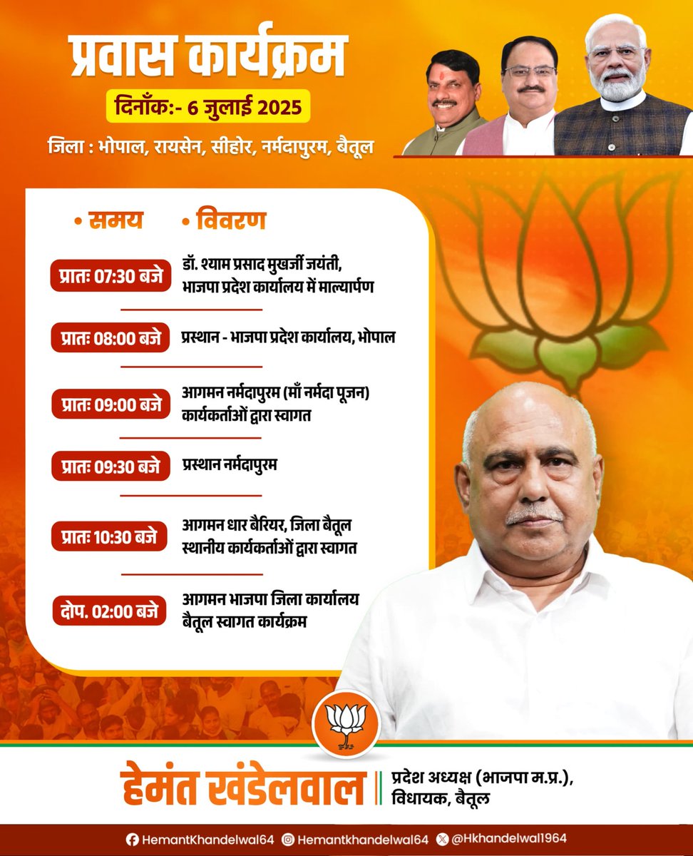 Hemant Khandelwal (@hkhandelwal1964) on Twitter photo दिनाँक 06 जुलाई 2025, प्रवास कार्यक्रम! दिनाँक 06 जुलाई 2025, प्रवास कार्यक्रम!