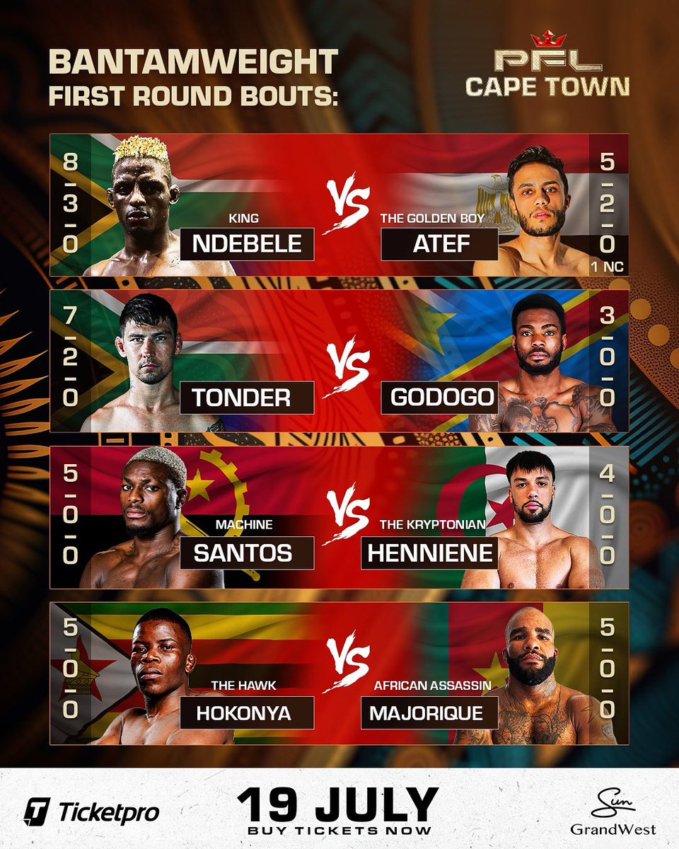 PFLAfrica's tweet photo. 🔥 CAPE TOWN HEATS UP JULY 19 – BANTAMWEIGHTS UNLEASHED! 🔥
Get ready for heart-pounding action at GrandWest Arena as Africa’s top bantamweight prospects clash in the PFL cage:

This marks the Bantamweight First Round of the inaugural PFL Africa Tournament ! https://t.co/kTa4bp0ybK