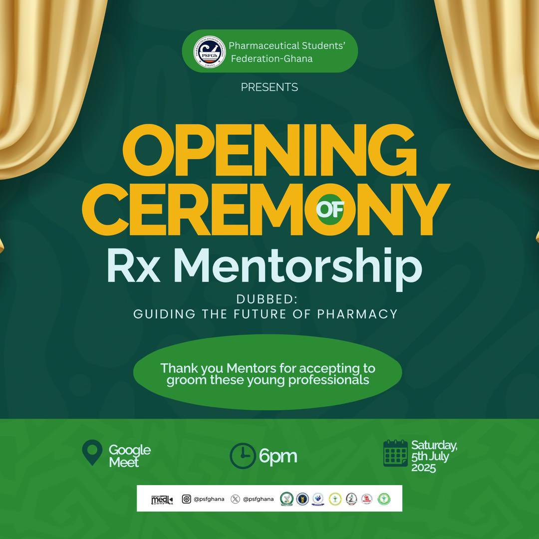 IT IS TODAY‼️‼️‼️
The Pharmaceutical Students' Federation-Ghana proudly presents the Opening Ceremony of the Rx Mentorship program ! 

⏰ Time: 6:00 PM GMT
 🌐 Platform: Zoom
us06web.zoom.us/j/88949777944?…

Meeting ID: 889 4977 7944
Passcode: 511538

This initiative is dubbed "Guiding