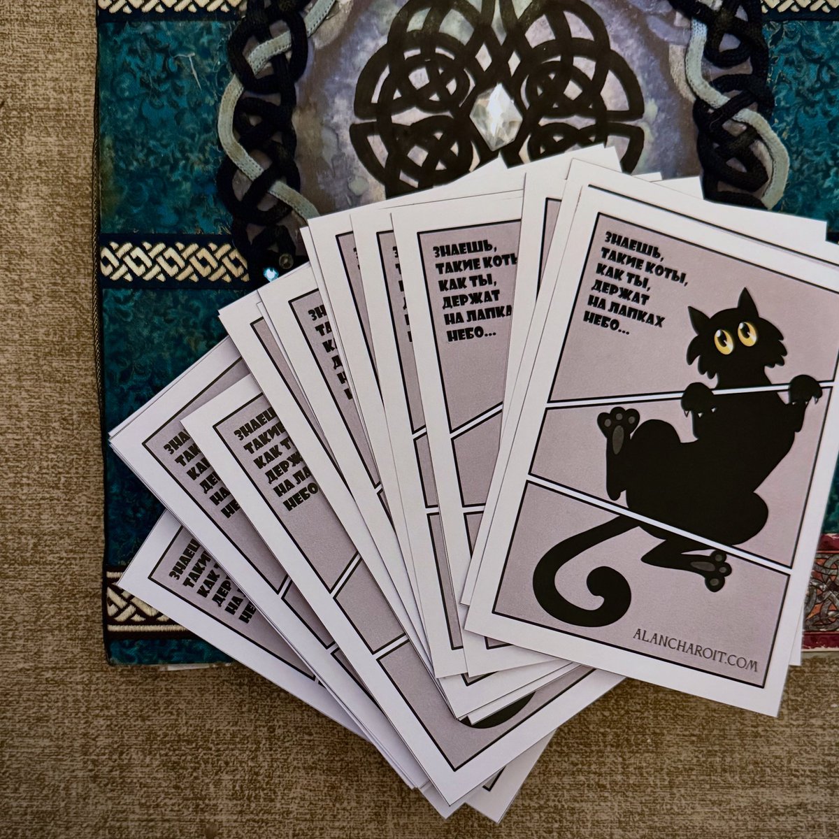 Malgré la chaleur écrasante, je me prépare pour le concert à Paris : j’ai déjà rassemblé les textes des chansons dans un classeur.
Et j’ai imprimé de nouvelles cartes postales avec mon illustration et une citation tirée d’une chanson, en cadeau pour le public 🐈‍⬛ ✨