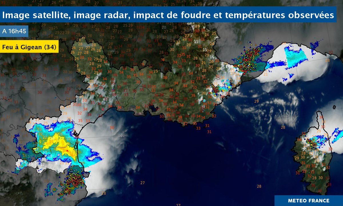 MeteoFrance_SE's tweet photo. #DirectMeteoSE

- #VigilanceJaune orages dans les #PyrénéesOrientales et l' #Aude, de même dans les #AlpesMaritimes (Roya), le #Var et en #Corse.
- Températures encore fortes sauf sous ces orages. #vigilanceOrange en cours
- Un feu en cours à #Gigean (34), point rouge sur l'image https://t.co/6r1uEISbs7
