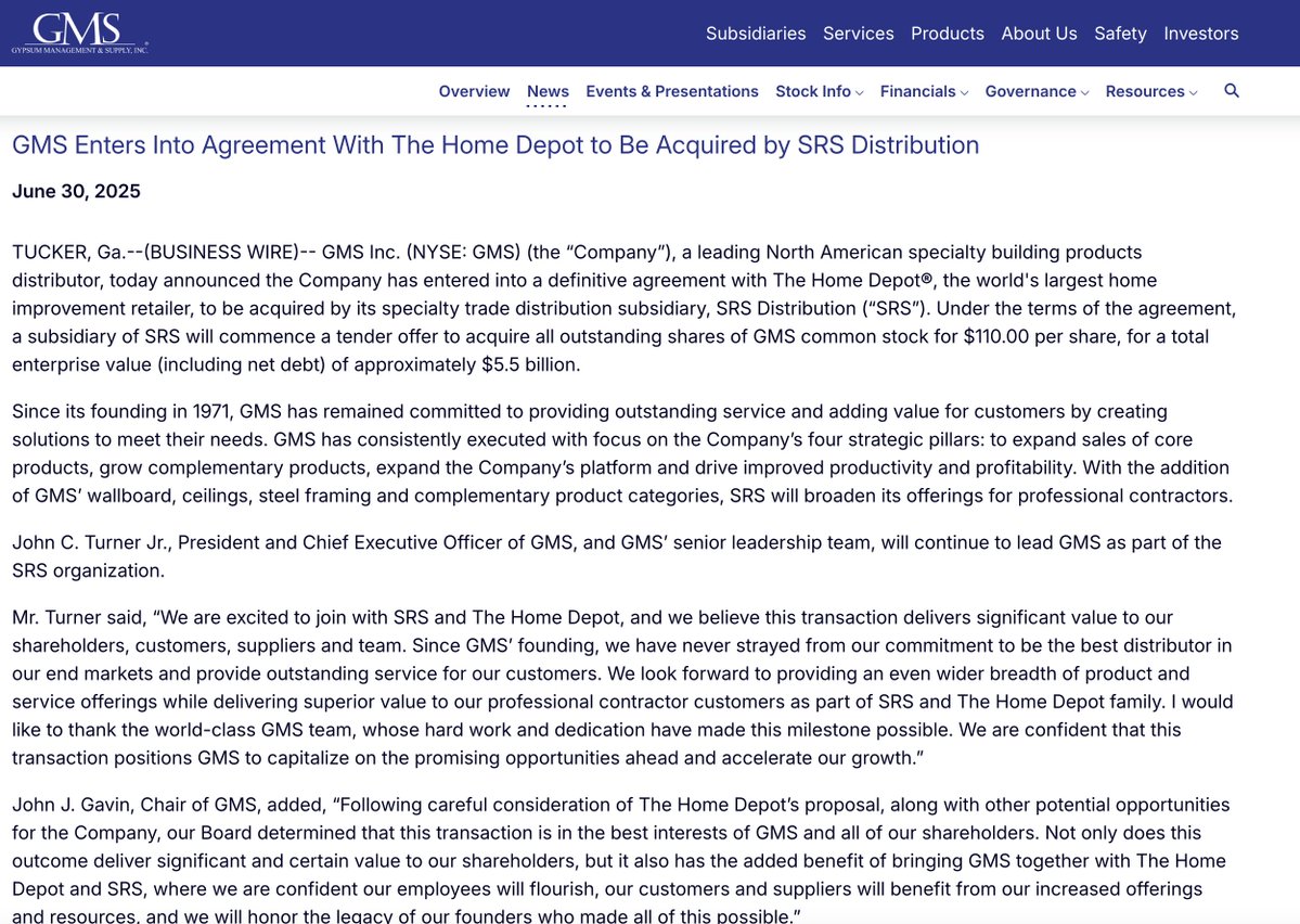 dofornop's tweet image. ๐ Home Depotโs SRS Distribution has announced an agreement to acquire GMS, a leading building products distributor
๐ค The deal aims to expand Home Depotโs reach in the professional contractor market and strengthen its supply chain
๐ฆ GMS brings an extensive network ofโฆ