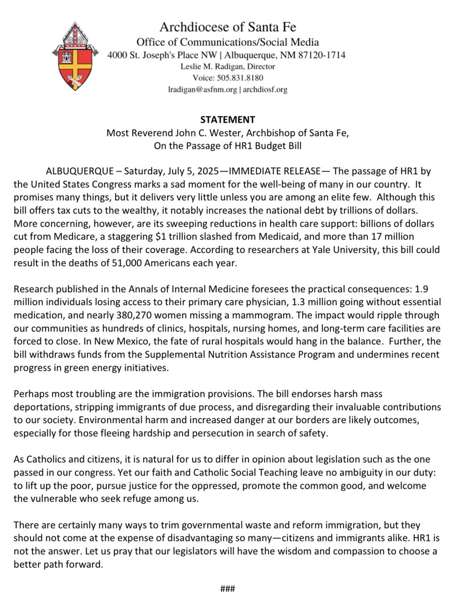 Santa Fe’s Archbishop Wester: “The passage of HR1 by the United States Congress marks a sad moment for the well-being of many in our country.  It promises many things, but it delivers very little unless you are among an elite few.  Although this bill offers tax cuts to the