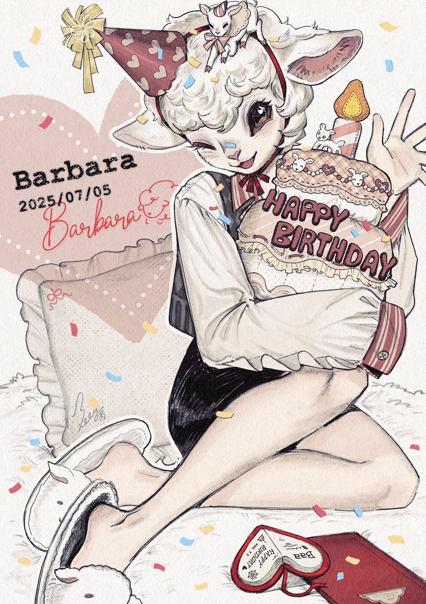 ❤️“Barbara,happy birthday!”📼🎧
📝祝UTTU最可爱的小编辑数羊羔生日快乐！
🎂今晚你可以抱着舒适柔软的大蛋糕抱枕入睡～

#重返未来1999 #Reverse1999 #リバース1999 #数羊羔 #Barbara
 #fanart #illustration #イラスト #絵