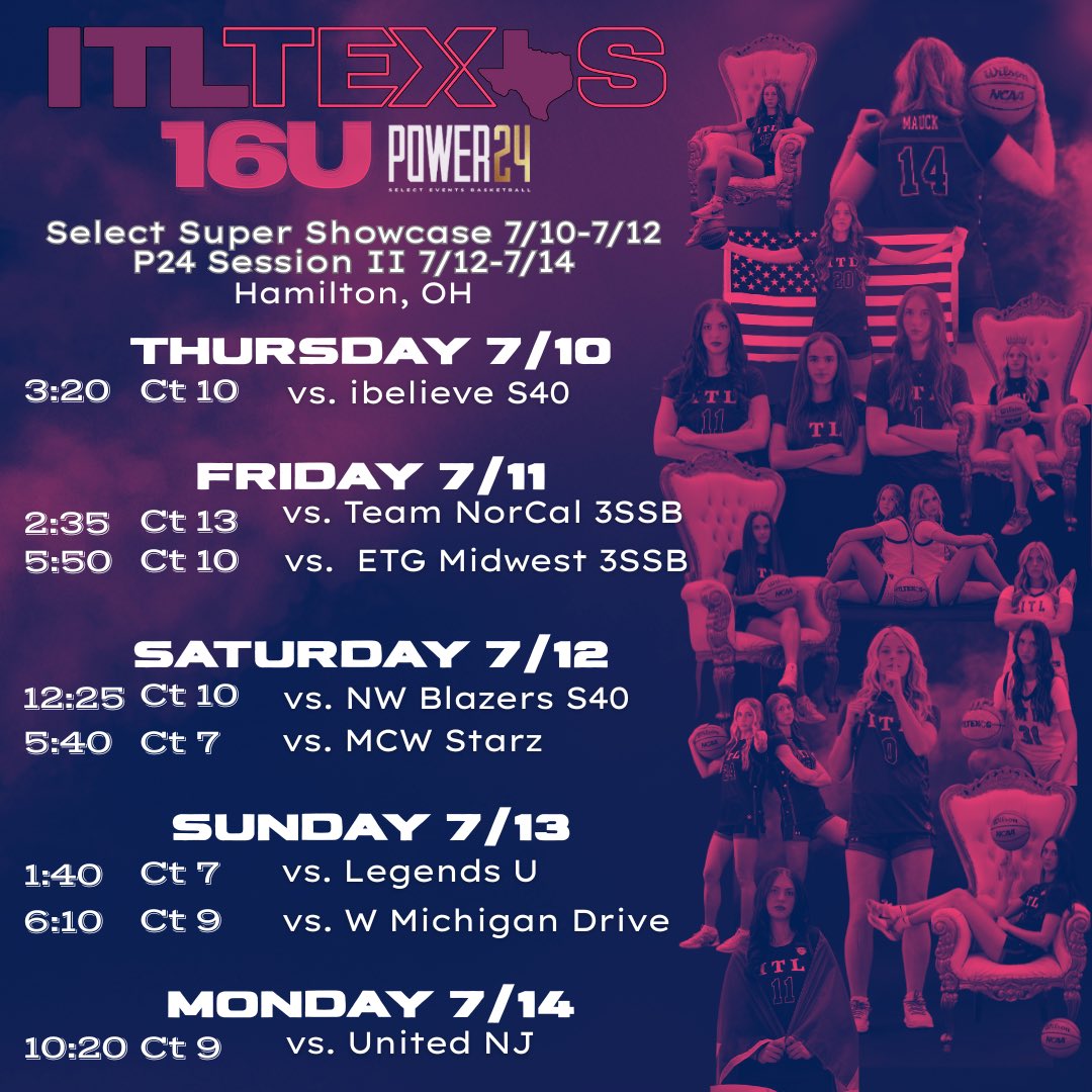 ITLTexas's tweet image. Headed to Hamilton, Ohio!
TEXAS ELITE ITL 16U P24
TEXAS ELITE ITL 15U S40
July 10-12 Select Super Showcase
July 12-14 P24/S40 Session 2
July 18-21 P24/S40 Finals (schedule TBD)