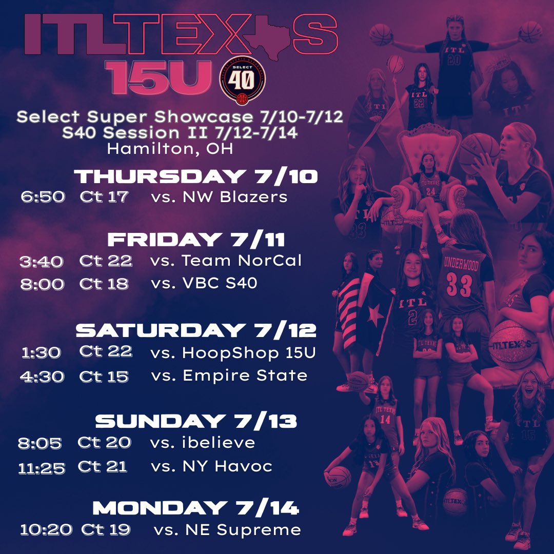 ITLTexas's tweet image. Headed to Hamilton, Ohio!
TEXAS ELITE ITL 16U P24
TEXAS ELITE ITL 15U S40
July 10-12 Select Super Showcase
July 12-14 P24/S40 Session 2
July 18-21 P24/S40 Finals (schedule TBD)