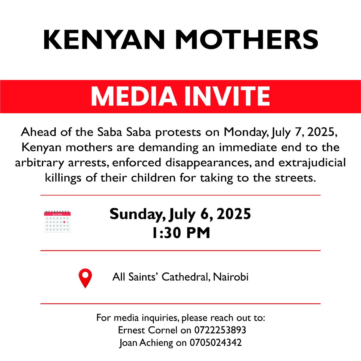 UhaiWetu's tweet image. Kenyan mothers will address the nation tomorrow at All Saints’ Cathedral, Nairobi, ahead of the Saba Saba March for Our Lives! demanding an end to arbitrary arrests, abductions, torture, and extrajudicial executions. Their cry is a call for justice.
#SabasabaMarchforOurlives