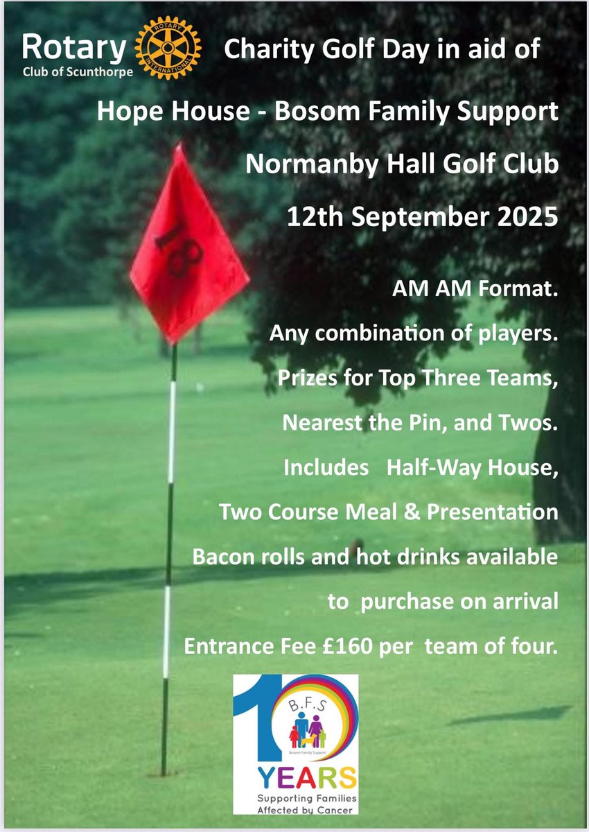 Scunthorpe Rotary (@rcofscunthorpe) on Twitter photo Calling local golfers to join us <a href="/NormanbyHallGC/">Normanby Hall GC</a> to raise funds for <a href="/BFSHopeHouse/">Bosom Family Support</a> on 12th September. Email stephencaldwell2017@gmail.com for an entry form or to sponsor a hole. Calling local golfers to join us <a href="/NormanbyHallGC/">Normanby Hall GC</a> to raise funds for <a href="/BFSHopeHouse/">Bosom Family Support</a> on 12th September. Email stephencaldwell2017@gmail.com for an entry form or to sponsor a hole.