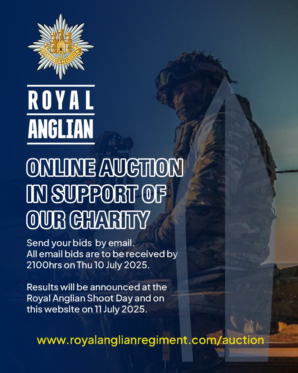 The Royal Anglian Regiment Charity will be holding a fundraising auction concluding at the Royal Anglian Shoot Day on 11 July 2025. See the auction items online here: royalanglianregiment.com/news/royal-ang…

#RoyalAnglian #StrengthfromWithin #veterans #charity #AuctionforCharity #Soldiers