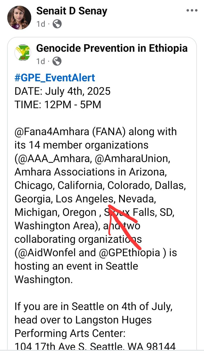 <a href="/SenaitSenay/">Senait Senay, PhD</a> <a href="/AAA_Amhara/">Amhara Association of America (AAA)</a> <a href="/GPEthiopia/">Genocide Prevention In Ethiopia</a> <a href="/AmharaUnion/">Amhara Professionals Union (APU)</a> <a href="/Fana4Amhara/">Federation of Amharas in North America (FANA)</a> <a href="/AidWonfel/">Wonfel.org / ወንፈል ተራድዖ</a> <a href="/iamamhara2023/">International Amhara Movement (iAM)</a> Hello <a href="/SenaitSenay/">Senait Senay, PhD</a> . There is no misunderstanding. U added Amhara Association of Los Angeles name, likeness, and/or logo without our permission. Do not do it again. We have no relationship with u, <a href="/GPEthiopia/">Genocide Prevention In Ethiopia</a> , nor your partner organizations all ready listed