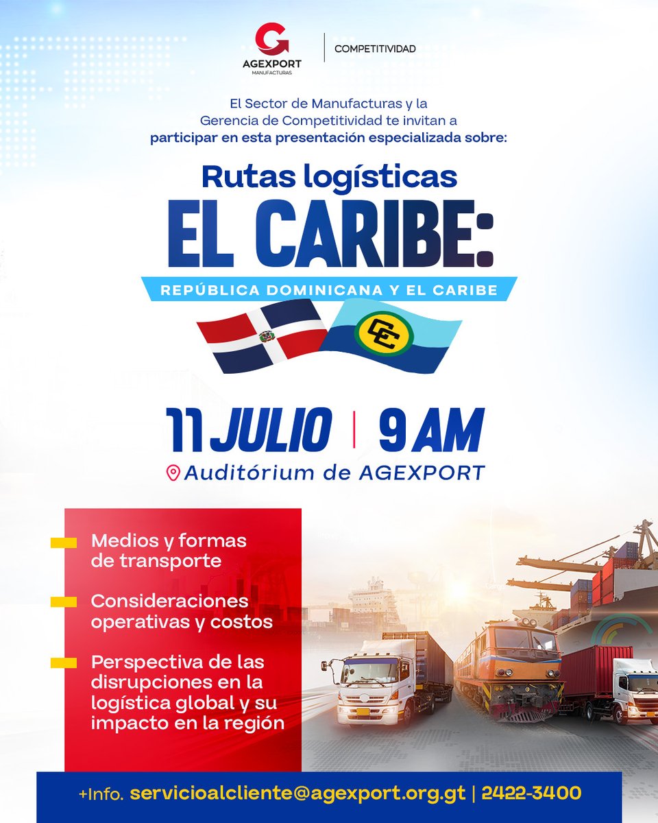 📦🌎 ¿Exportás al Caribe o estás explorando nuevas rutas logísticas?

Acompáñanos a una presentación sobre rutas logísticas hacia República Dominicana y el Caribe, donde abordaremos transporte, costos y el impacto de las disrupciones logísticas en la región.

📍 Auditorio
