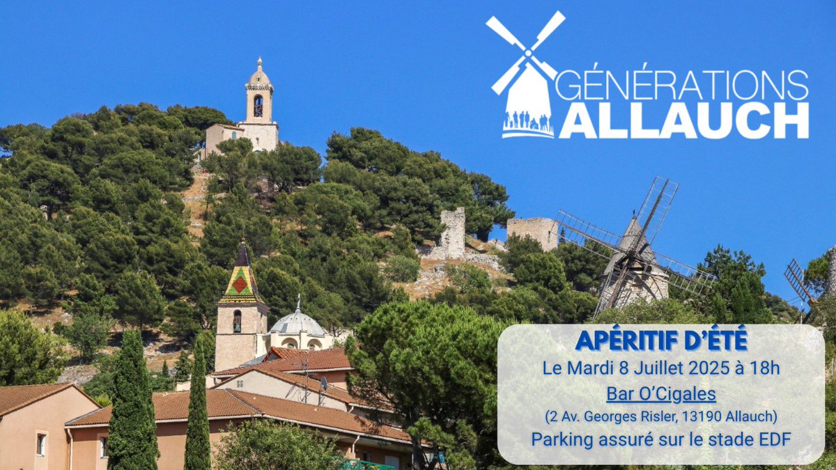 #GénérationsAllauch (@genallauch) on Twitter photo 🔵INVITATION
Apéritif d'été de notre association, en présence de <a href="/LioneldeCala/">Lionel de Cala</a>, le mardi 8 juillet (à 18h) au Bar O'Cigales à #Allauch.
Ce rendez-vous nous donnera l'occasion de faire le point sur les échéances à venir, à commencer par les élections municipales de mars 2026 🔵INVITATION
Apéritif d'été de notre association, en présence de <a href="/LioneldeCala/">Lionel de Cala</a>, le mardi 8 juillet (à 18h) au Bar O'Cigales à #Allauch.
Ce rendez-vous nous donnera l'occasion de faire le point sur les échéances à venir, à commencer par les élections municipales de mars 2026