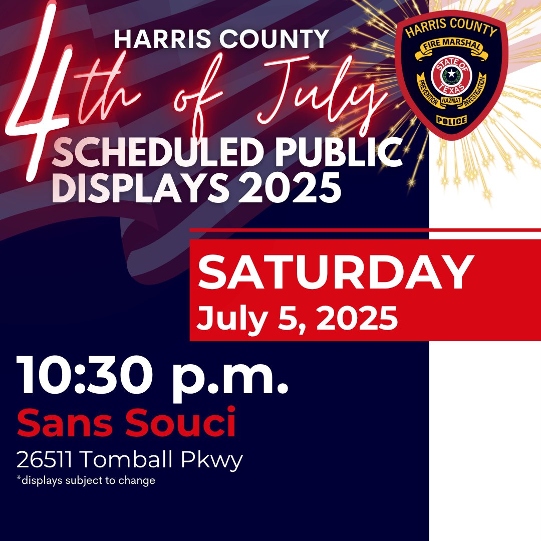 @hcfmo (@hcfmo) on Twitter photo As fireworks season wraps up, don’t miss your final chance to celebrate tonight for the last approved public fireworks display in Harris County. As fireworks season wraps up, don’t miss your final chance to celebrate tonight for the last approved public fireworks display in Harris County.
