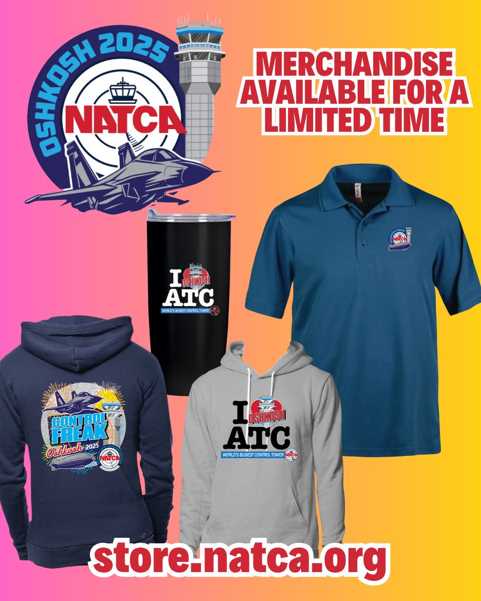 NATCA is headed back to #OSH25, supporting pilot outreach at the world’s biggest air show! Grab limited-edition merch: tees, sweatshirts, hats, mugs &amp; more with the official NATCA Oshkosh logo. Short ordering window, don’t wait! store.natca.org/product-catego…
