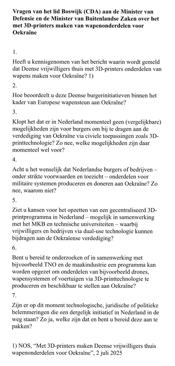 Zouden we naar Deens voorbeeld ook niet in Nederland burgerinitiatieven moeten ondersteunen bij het maken van onderdelen voor de Oekraïnse verdediging? 

Zojuist deze schriftelijke vragen ingediend 👇🏼
