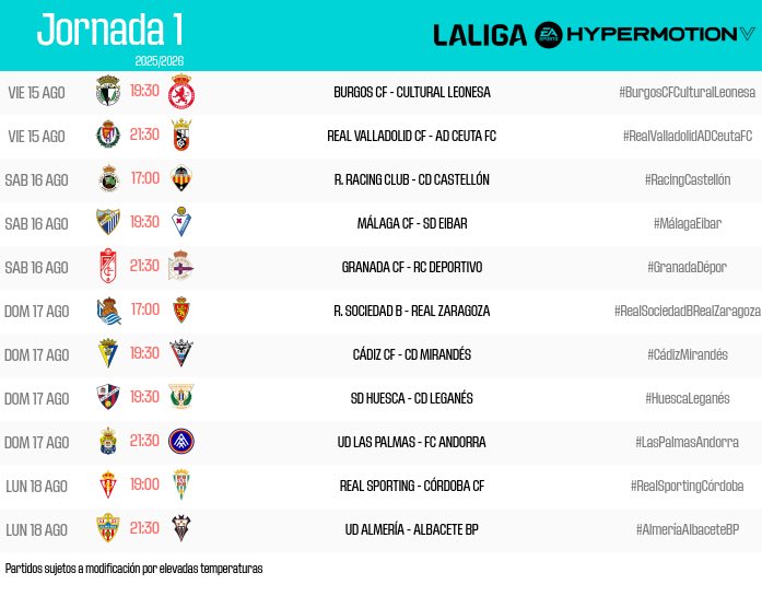 🚨 ¡Horario confirmado para el primer partido del #CórdobaCF en #LaLigaHypermotion 25-26! ⚽️

🗓️ Jornada 1
⚔️ #RealSportingCórdoba 
📅 Lunes, 18 de agosto 
🕘 19:00 h
📍 El Molinón