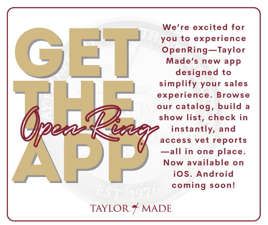 Taylor Made Farm (@taylormadesales) on Twitter photo We can’t wait for you to experience Taylor Made’s new app! OpenRing, designed just for you to make the sales process more simple, convenient, and insightful. Need help getting started? Just ask one of our team members—we’re happy to serve you!
Download: qrco.de/bg5SoJ We can’t wait for you to experience Taylor Made’s new app! OpenRing, designed just for you to make the sales process more simple, convenient, and insightful. Need help getting started? Just ask one of our team members—we’re happy to serve you!
Download: qrco.de/bg5SoJ
